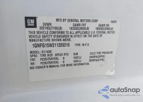 2001 Chevrolet Express from USA, damaged, VIN 1GNFG15W211209316